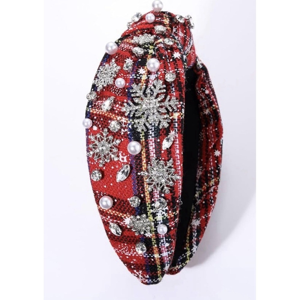 Women's Red Plaid Knotted Headband Rhinestone Pearl Snowflake Christmas NEW